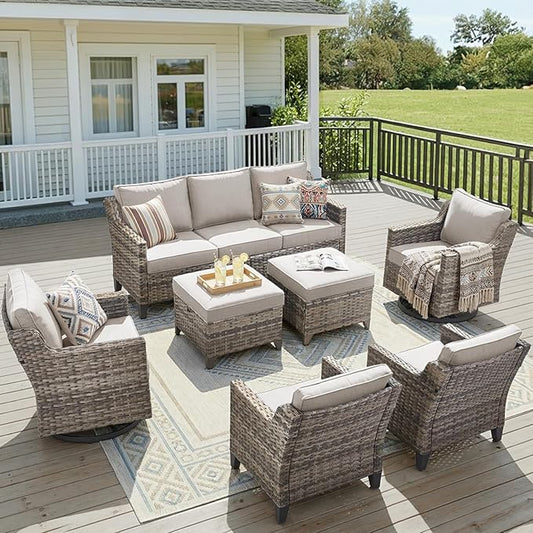 Wicker Patio Furniture Set-7 PieceAll Weather Outdoor Conversation Sets Sectional Sofa with Wicker Swivel Rocker Patio Chairs, Thick Cushions Ottomans for Porch Balcony Patio Deck Grey/Beige