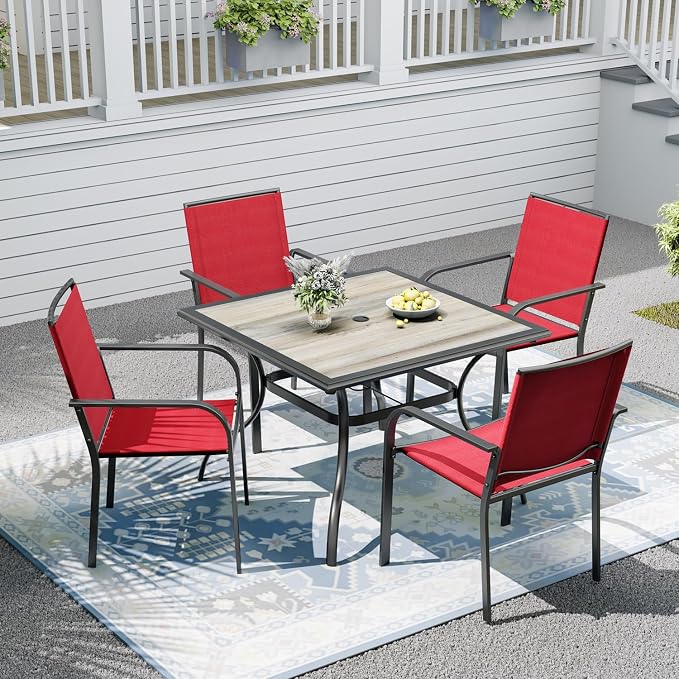 Patio Dining Set for 4, Outdoor 37" Dining Table with Laminated Top and 1.9" Umbrella Hole, 4pcs Stackable Patio Chairs Included, Perfect for Home & Outside