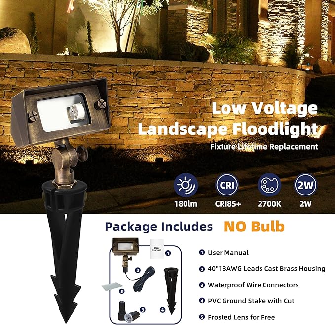 COLOER Cast Brass 12V Flood Light, Low Voltage Flood Light Outdoor with Adjustable Knuckle Mount, Without Bulb, Waterproof Landscape Lighting of Outdoor Wall, Garden or Yard(1-Pack Without Bulb)