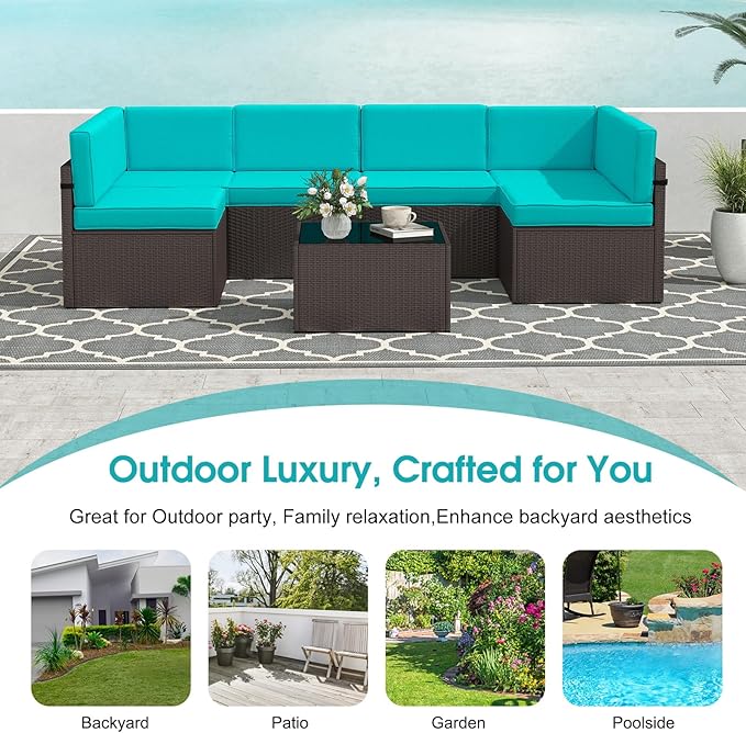 kinbor 7 Pieces Modular Patio Conversation Set - Outdoor Sectional Sofas with All-Weather Wicker, Thick Cushions & Glass Table for Garden, Backyard, Porch, Turquoise