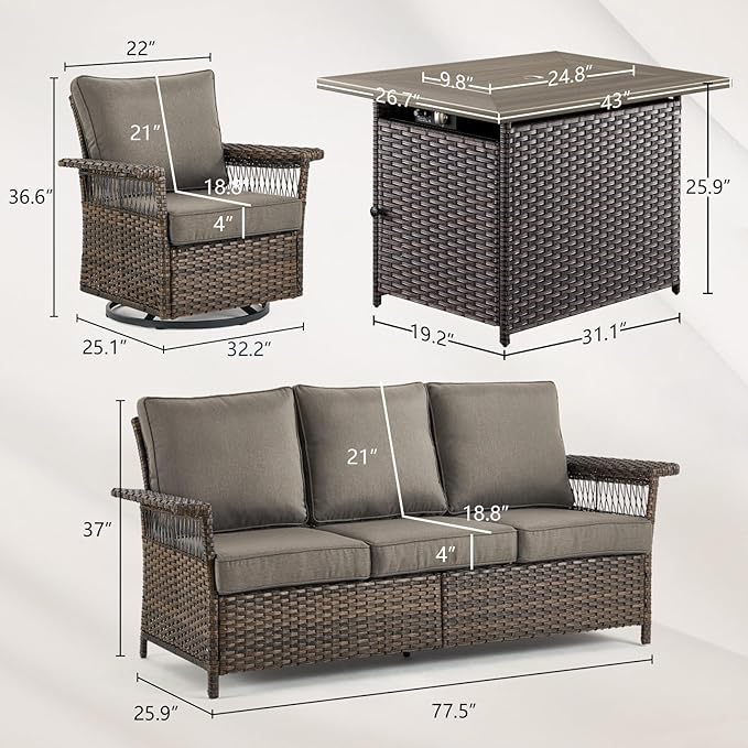 Patio Furniture Set with Fire Pit Table, 4PCS Patio Conversation Set Brown Resin Wicker Swivel Patio Chair and Sofa with 41in Rectangular Fire Table PE Rattan Patio Furniture Set