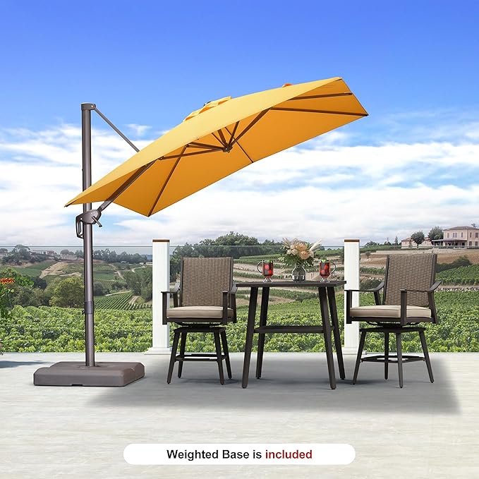 PURPLE LEAF 8' X 8' Cantilever Patio Umbrella with Base Included Antique Bronze Square Umbrella with 360° Rotation and Aluminum Offset Hanging Outdoor Umbrella for Pool Garden Backyard Deck, Yellow