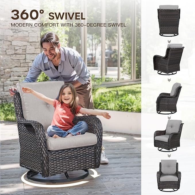 Patio Loveseat Glider Set, Resin Wicker Loveseat Glider with 4 Swivel Patio Chiars Rectangular Firepit Table, 7 Piece Patio Conversation Loveseat Set, Brown Wicker|Beige Cushions