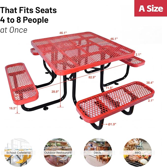 46" Square Metal Picnic Table for 4-8 Person, Durable Heavy Duty Commercial Picnic Table with Umbrella Hole for Outdoor Coffee Shop, School, Hospital, Easy to Install, Red
