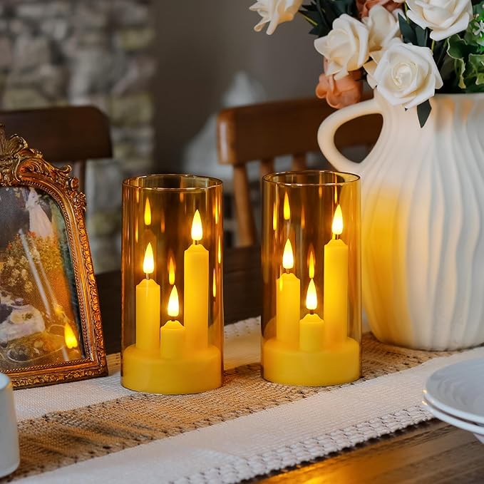 3 in 1 Flameless Taper Short Candles with 10 Key Remote Control and Timer, Battery Operated Pack of 2 LED Acrylic 3" x6" Amber Pillar Flickering Warm Light