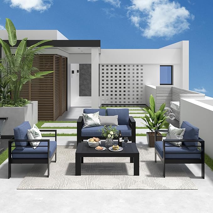 RoyalCraft Solaste Outdoor Aluminum Furniture Set - 4 Pieces Patio Sectional Chat Sofa Conversation Set with Table