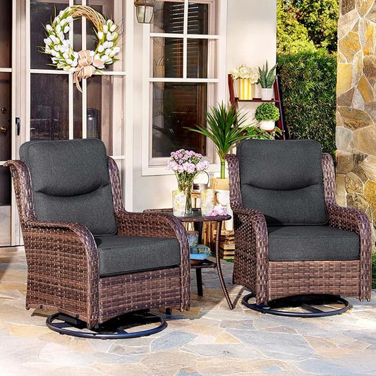HILLGA Luxury Patio Furniture Set with 6-inch Thick Cushion, Outdoor High Back Swivel Rocker Patio Chairs, 3PCS Wicker Conversation Set for Deck Yard and Poolside, Dark Grey (V2)