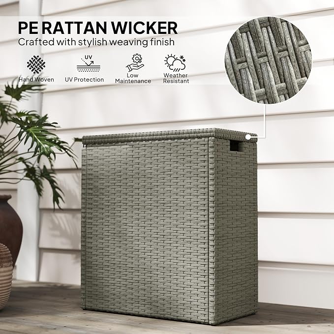 Outsunny 17 Gallon Wicker Small Deck Box, PE Rattan Outdoor Storage Box with Slatted Acacia Wood Flip Top for Indoor, Patio Furniture Cushions, Pool Supplies, Garden Tools, UV Resistant, Gray