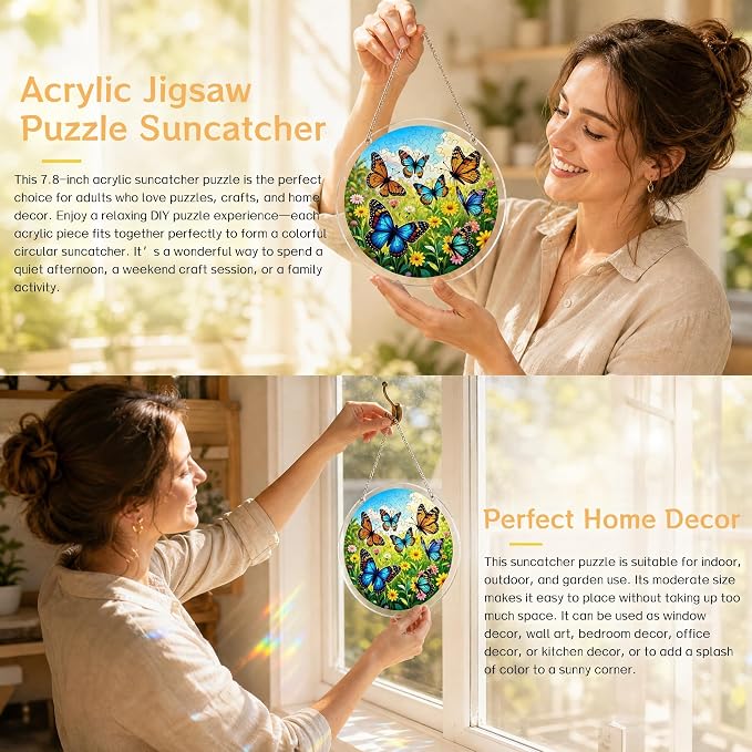 Acrylic Jigsaw Puzzle Suncatcher 7.8'',Stained Glass Suncatcher Home Decor | Butterfly Acrylic Puzzle Suncatcher,DIY Sun Catcher Puzzle Kit,Window Hanging Ornament Art,Home Garden Decor Gift for Mom