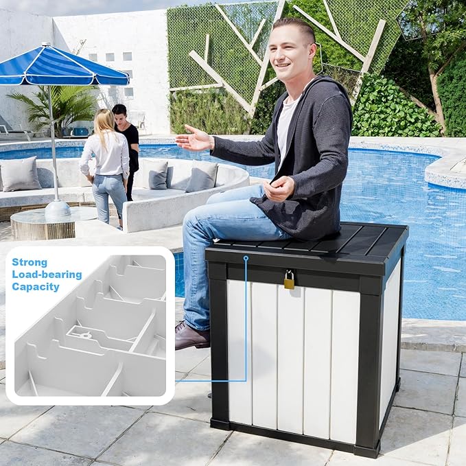 PatioZen 51 Gallon Resin Deck Box, Lockable Patio Outdoor Storage Box for Furniture, Garden Tools and Tools Storage, Waterproof Outside Storage Boxes - Black&White