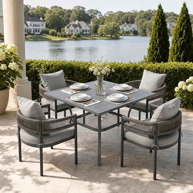 VICLLAX Patio Dining Set, 37.8" Dark Grey Table & 4 Chairs with Grey Cushion