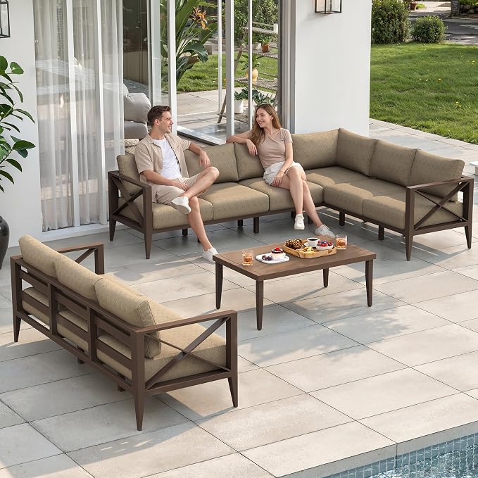 Patio Sectional Sofa Set 9 Seat Outdoor Conversation Set with Cushions, Aluminum Patio Furniture for Backyard Deck Garden Seating