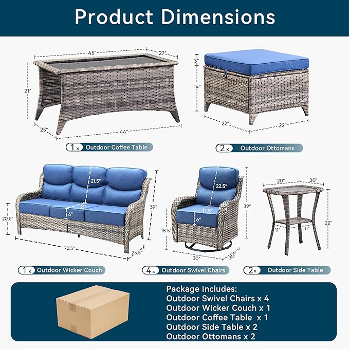 Luxury 10 Pieces Patio Furniture Set, Wicker Swivel Rocker Patio Chairs with 6" Thick Cushion, Outdoor Wicker Sofa with Coffee Table, All Weather Outdoor Conversation for Garden Porch(Grey/Blue)
