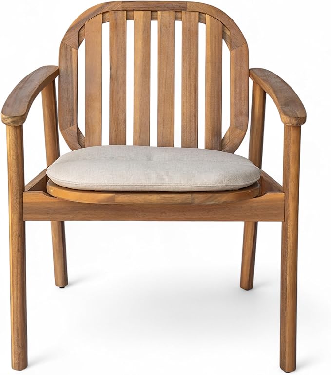 Christopher Knight Home Meja Acacia Wood Patio Dining Set for 4, Solid Wood Outdoor Dining Table Set for 4, Round Dining Table and Chairs Set of 4 with Cushion, Teak+Beige