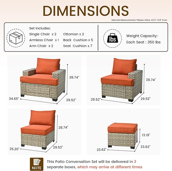 Patio Furniture Sets 7 Pieces Outdoor Sectional Rattan Sofa Manual Weaving Wicker Patio Conversation Set with Ottomans and T Cushion(Red)