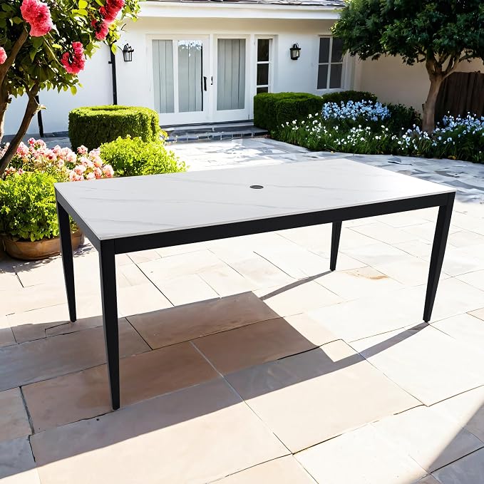 Outdoor Aluminum Marble Dining Table for 6-8, 71” Luxury Patio Table with White Sintered Stone Top, Post Tapered Legs for Garden, Lawn, Weatherproof & Rust-Free