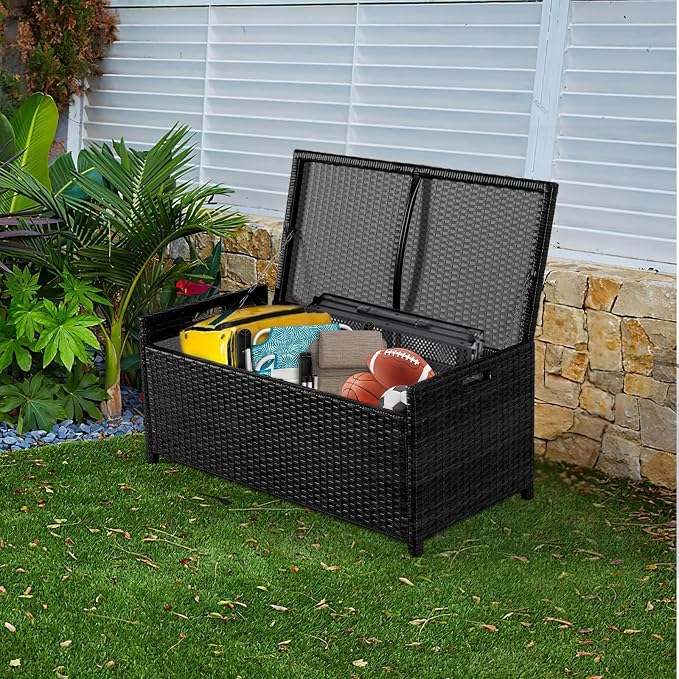 PROHIKER 2-in-1 Wicker Deck Box Bench, All-Weather 55 Gallon Outdoor Storage Box with Cushions and Waterproof Bag, Rattan Storage Bench for Pool Tools, Outdoor Equipments and Garden Tools, Black/Beige