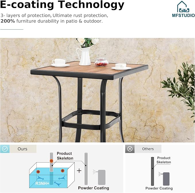 MFSTUDIO 39.3” Patio Bar Height Bar Table, with 27.5” Square PVC Wood Like Table Top for 2, All Weather Resistant Outdoor Table, Black and Brown
