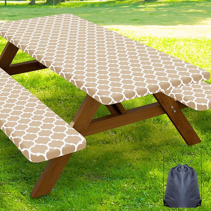 Smiry Picnic Table Cover with Bench Covers, Waterproof Elastic Fitted Tablecloth for 6 Foot Tables, Washable Polyester Tablecloths for Camping, Indoor & Outdoor (Khaki, 30x72 Inch 3-pc Set)