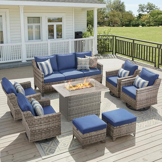 Patio Furniture Set with 42.5" Fire Pit Table-8 Pieces All Weather Wicker Outdoor Furniture with High Back Swivel Patio Chairs Set of 4 Outdoor Patio Conversation for Deck Garden Blue/Gray