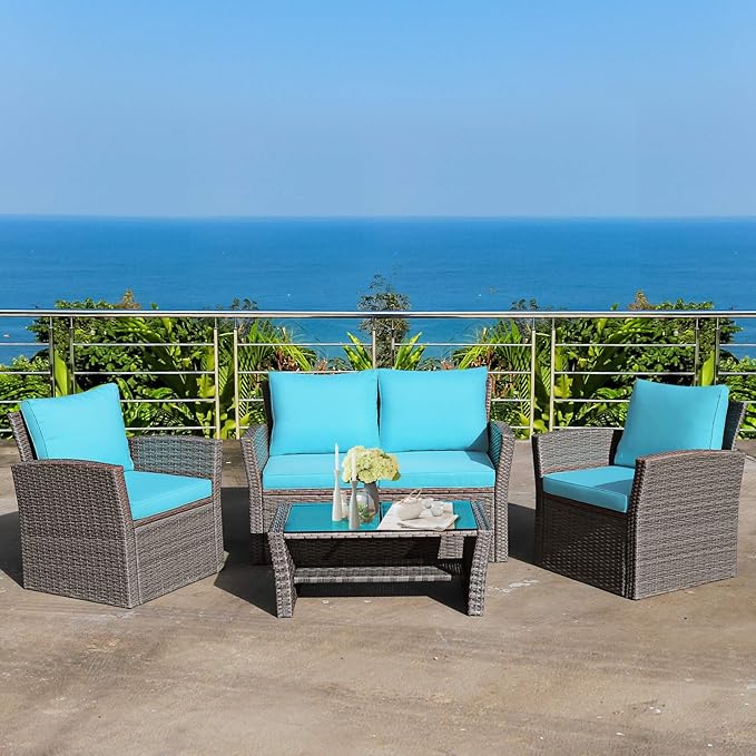 Tangkula 4 Pieces Patio Furniture Set, All Weather Outdoor Sectional Rattan Sofa Set with Cushions & Tempered Glass Table, Wicker Conversation Couch Set for Backyard Garden Poolside (Turquoise)