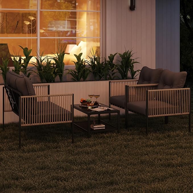 Tangkula 4 Pieces Patio Furniture Set, Outdoor PE Rattan Conversation Sofa Set with Thick Cushions and 2-Tier Tempered Glass Coffee Table for Garden, Porch, Balcony and Backyard (Grey,1)