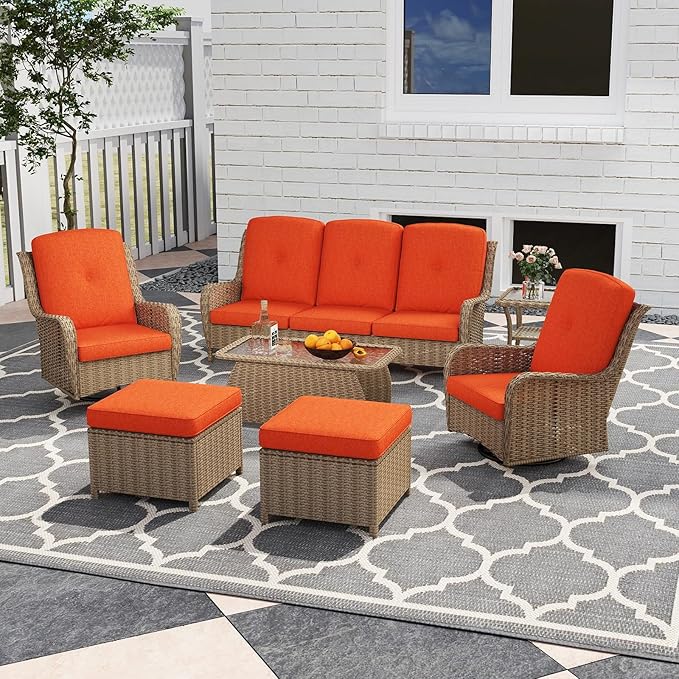 Kinsuite 7 PCS Patio Furniture Set, Outdoor Conversation Sets with Swivel Chairs & Ottomans, All-Weather Wicker Light Brown Sectional Sofa with Thicken Cushions for Garden, Lawn, Backyard, Orange