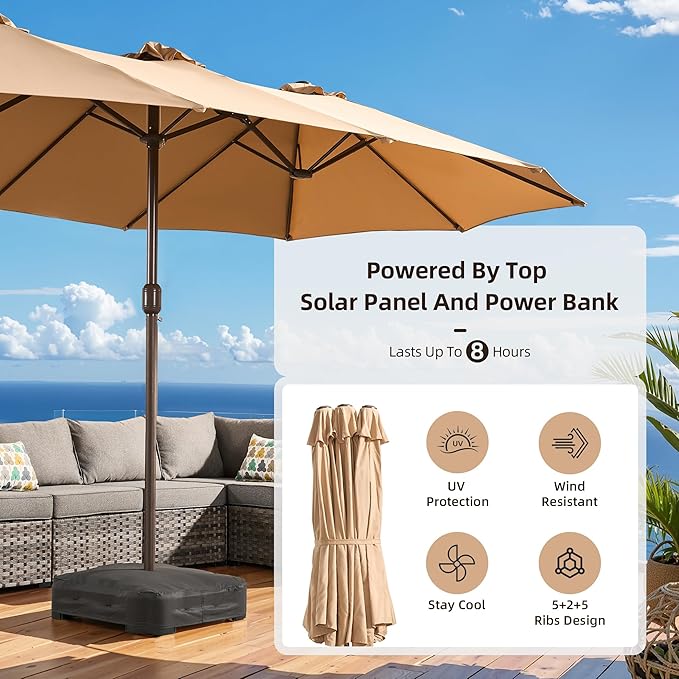 15Ft Patio Umbrella - Large Beach Umbrella W 12 Sturdy Ribs,UPF50 Outdoor Table Umbrella,Picnic Market Umbrella W Base Crank Handle for Pool,Yard,Garden