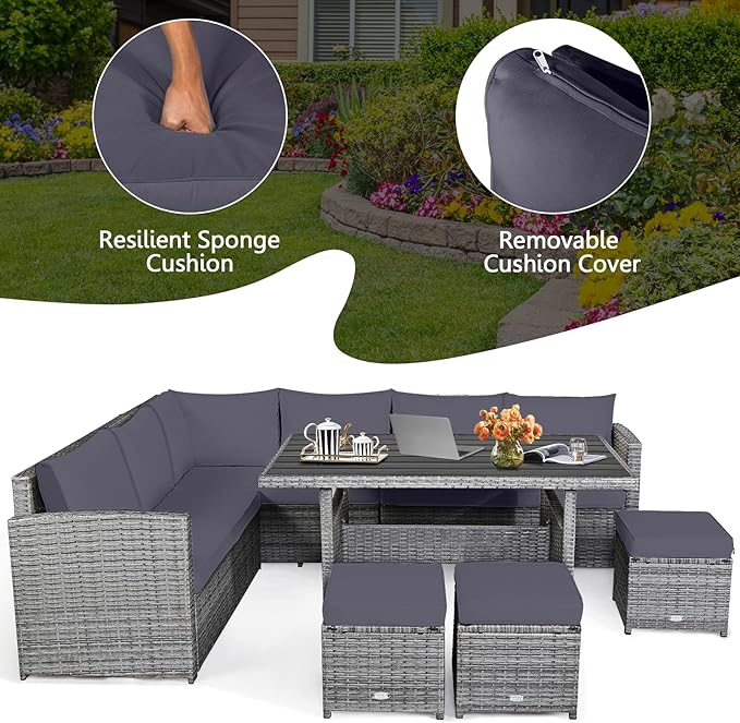 HAPPYGRILL 7 Pieces Rattan Wicker Patio Conversation Set, Outdoor Patio Furniture Set with Cushions, Rattan Sofa Set with Dining Table & Ottomans for Poolside Backyard Balcony Garden (Grey)