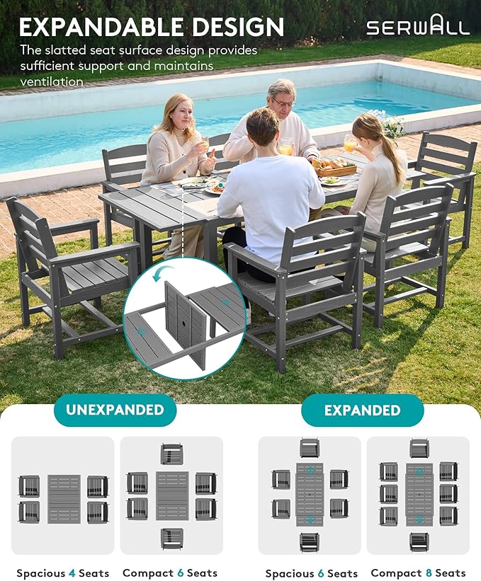 SERWALL 10-Piece Patio Dining Sets with 15FT Patio Umbrella, 60" - 83" Expandable Outdoor Dining Table and 8 HDPE Chairs, All Weather HDPE Outdoor Furniture Set (Umbreall Base not Included)