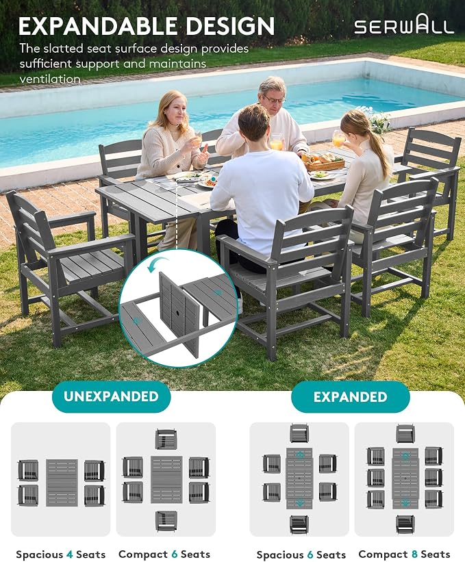 SERWALL 10-Piece Patio Dining Sets with 15FT Patio Umbrella, Grey | 60" - 83" Expandable Outdoor Dining Table and 8 HDPE Chairs, All Weather HDPE Outdoor Furniture Set