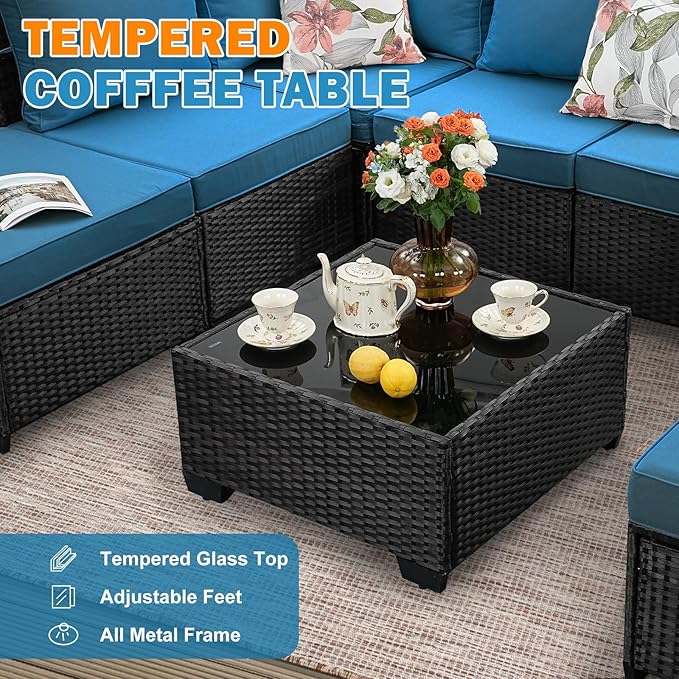 9 Pieces Patio Furniture Set,Wicker PE Rattan Outdoor Sectional with Cushion & Coffee Table, Patio Conversation Sofa for Garden, Backyard, Poolside, Peacock Blue