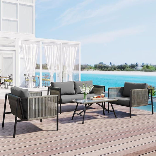 4-Piece Outdoor Furniture Set, Rope Sofa Set with Thick Cushions and Toughened Glass Table Patio Conversation Sets for 4 Person with Loveseat, Gray