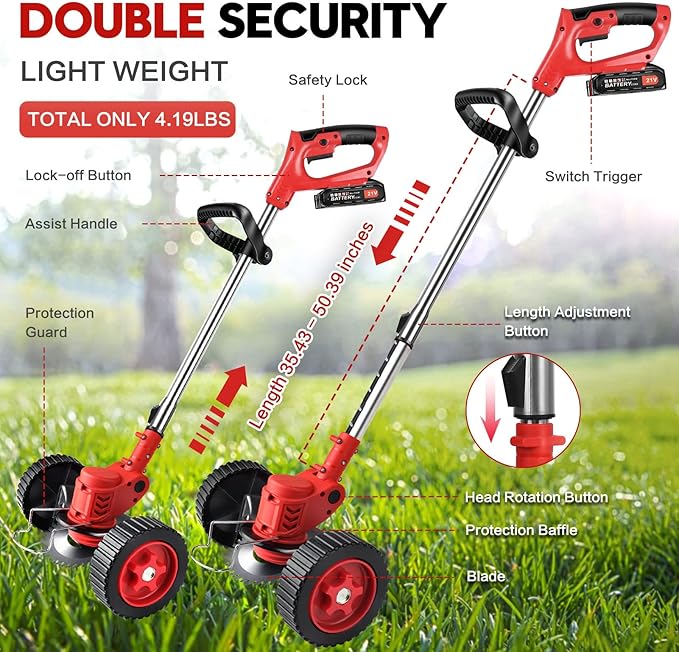 Cordless Weeder Mower Battery Powered 21V 2000mAh, Electric Weeder Brush Cutter, Height Adjustable Edge Trimmer mini Mower 3-in-1 Cutting Tool, 8 Blades, 1 Wheel, 2 Batteries, 1 Charger
