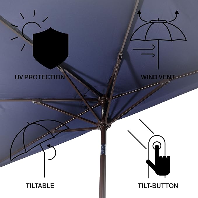 JONATHAN Y Terrace Scalloped 9 ft. Half Round Patio Umbrella with Crank Lift and Tilt, Coastal Semicircle Market Wall Umbrella for Balcony, Navy/White, Dark Brown Pole UMB1202B