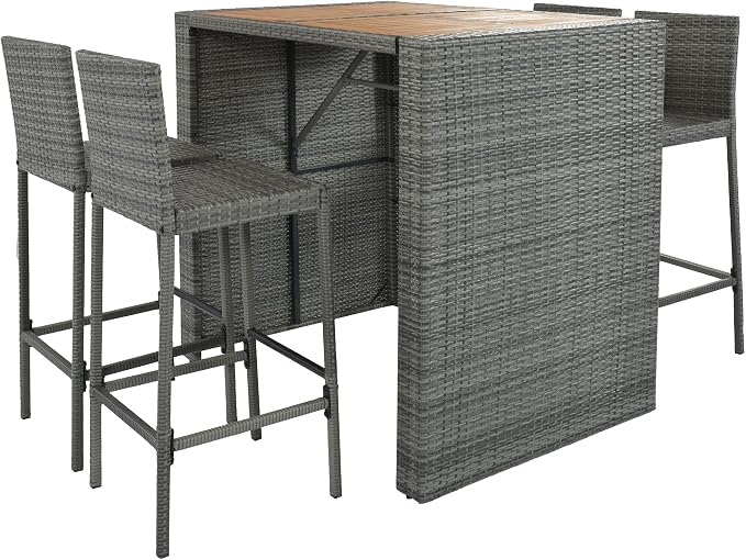5-Pieces Outdoor Patio Wicker Bar Set,5-Piece Outdoor Patio Dining Set,Bar Height Chairs with Non-Slip Feet and Fixed Rope, Removable Cushion, Acacia Wood Table Top