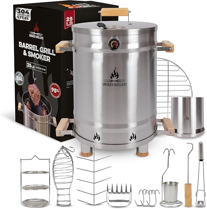Barrel Smoker Grill Combo | 100% 304 Stainless Steel Barrel | 95% Less Smoke, Even Heat | Easy to Use & Clean – Vertical Smoker Ideal for Balconies and Backyards (MEDIUM-25 LBS)