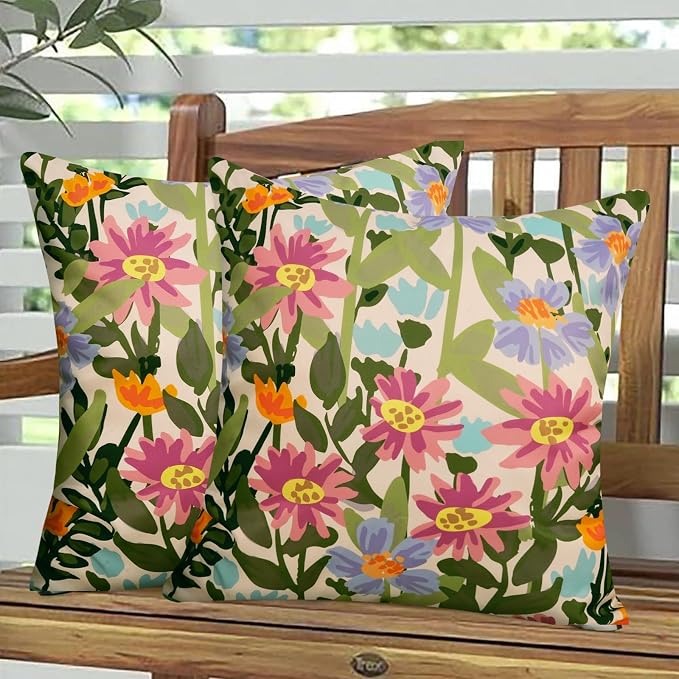 Pyonic Outdoor Pillows Covers Pack of 2 Spring Floral Waterproof Throw Pillow Covers 16X16 inch Outdoor Pillows for Patio Furniture Garden Square Outside Waterproof Pillow