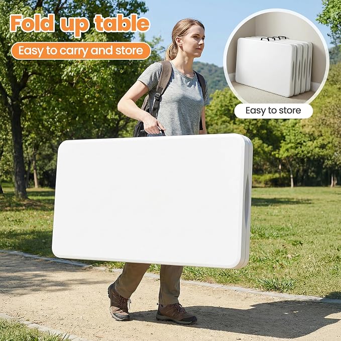 8 FT Plastic White Folding Table Set with 10 White Folding Chairs for Picnic, Event, Game, Camping, at Home and Commercial Use