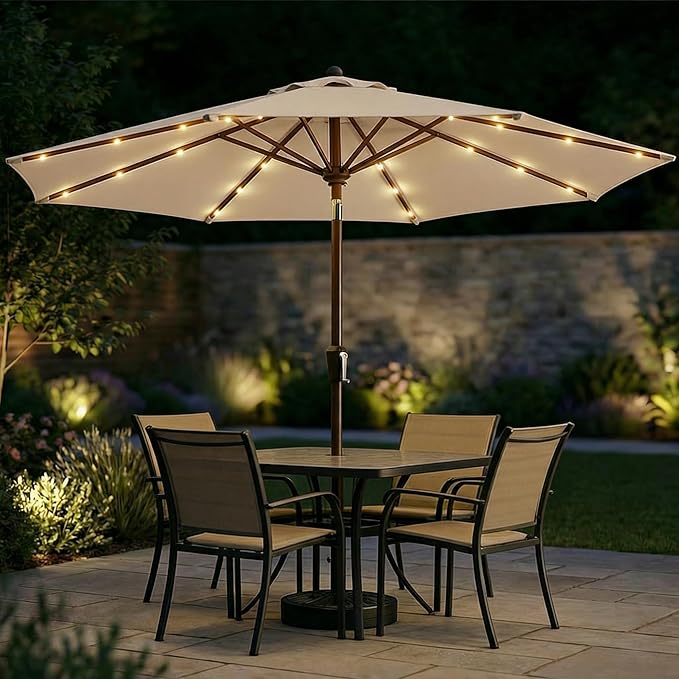 10FT Solar Patio Umbrella with Lights, Outdoor Table Market Umbrella with 32 LED Lights, 8 Sturdy Ribs, Push Button Tilt and Crank for Pool, Deck and Garden, UV-Resistant