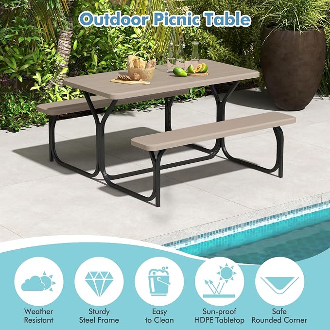 Picnic Table, Camping Portable Picnic Table Bench Set for 4 Persons, Heavy-Duty Steel Frame & Resin Tabletop, All Weather Outdoor Picnic Tables for Patio Travel BBQ Party Garden (Brown)