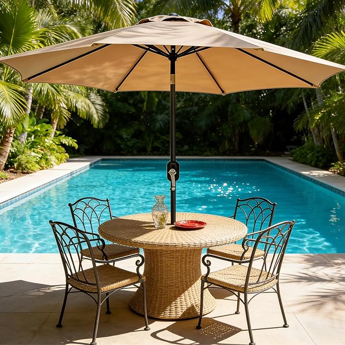 9FT Patio Umbrella Outdoor Table Market Umbrella with Push Button Tilt & Crank, 8 Sturdy Ribs Waterproof UV Protection Fade-Resistant for Garden, Deck, Backyard, Pool