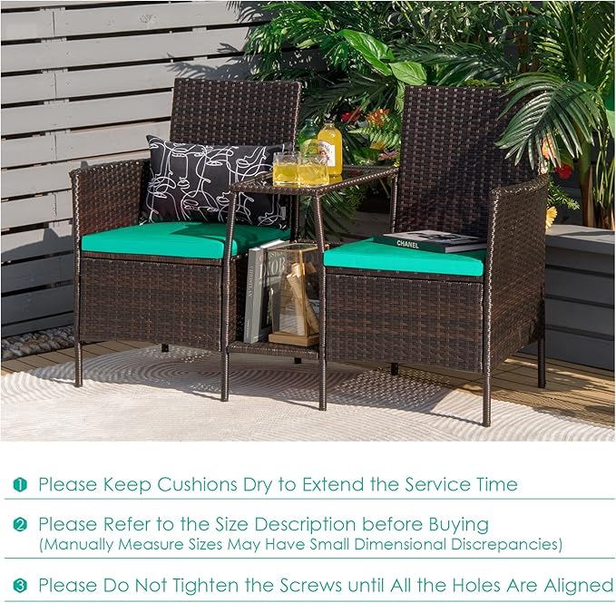 RELAX4LIFE Patio Outdoor Loveseat Set - PE Wicker Conversation Set w/Removable Cushion, Build-in Tempered Glass Coffee Table, Rattan 2-Seater Chair for Porch, Balcony, Patio Furniture Set (Turquoise)