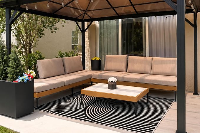 PURPLE LEAF Patio Furniture Set Outdoor Sectional Sofa with Coffee Table Cushions and Pillows Wicker L-Shaped 5 Pieces Aluminum Convertible Daybed for Balcony Yard Garden Poolside, Oatmeal Greige