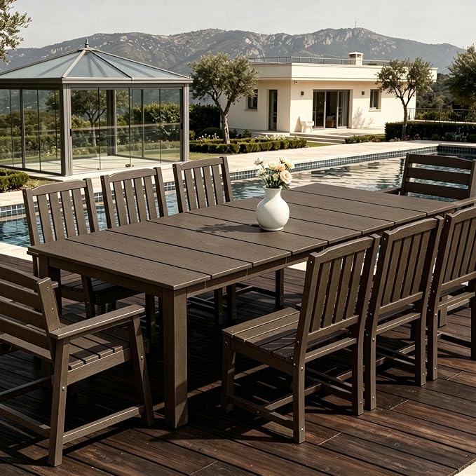 AreShark 9-Piece Outdoor Dining Set,HDPE Patio Table with 8 Chairs,All-Weather Patio Furniture Set with Umbrella Hole,Low Maintenance Wood Grain Dining Set for Backyard,Garden,Poolside,Coffee