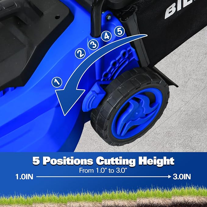 BILT HARD 15" Corded Electric Lawn Mower, 11A Motor 3300RPM Push Mower with 35L Grass Bag, 5 Height Adjustments (1"-3"), Lightweight & Foldable Handle for Small Yards