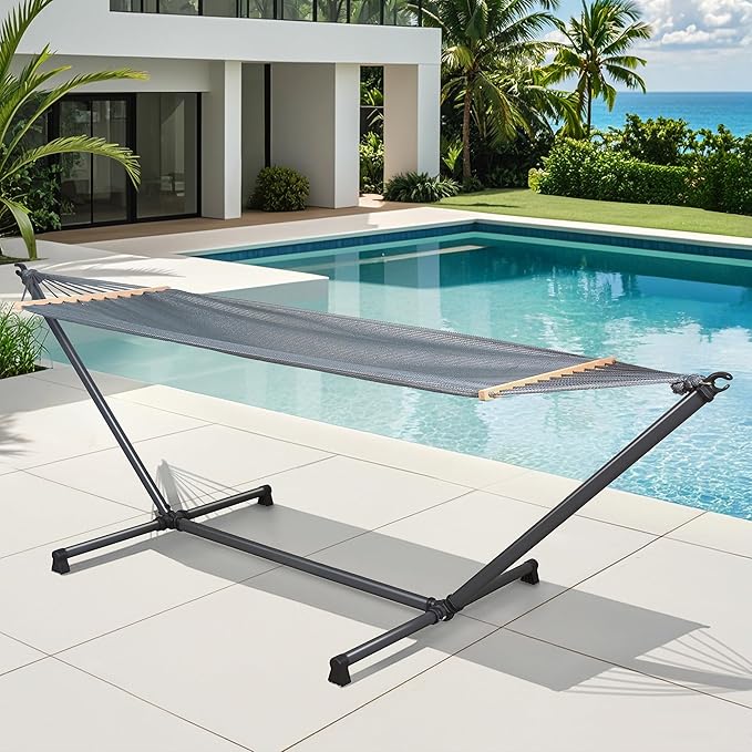 SUNJOY Portable Hammock with 10FT Heavy Duty Steel Stand and Spreader Bars - Ultra-Light 24.25 lbs - Portable Single Person Hammock with Stand for Outdoors, Outside, Backyard, Patio