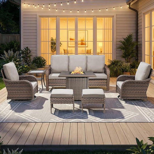 Patio Furniture Set - 7 Pieces All Weather Wicker Outdoor Furniture with 2 Swivel Chairs, 2 Ottomans, 1 Sofa, Side Table and Fire Pit Table, Ergonomic Design for Porch, Deck, and Backyard(Beige)