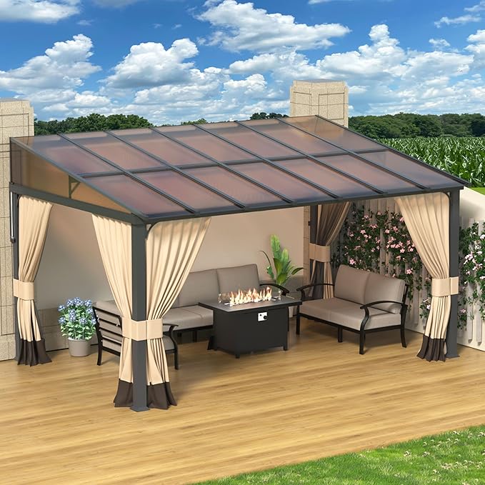10' x 14' Lean to Gazebo,Large Wall Mount Heavy Duty Gazebos Pavilion,Outdoor Hardtop Pergola Shelter with Curtains and Netting,Sunshade for Patio Garden Lawn Backyard Deck,Brown