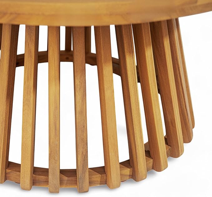 Wood Outdoor Round Coffee Table, Weather-Resistant Patio Table with Striped Base, for Garden, Deck, and Backyard, Brown
